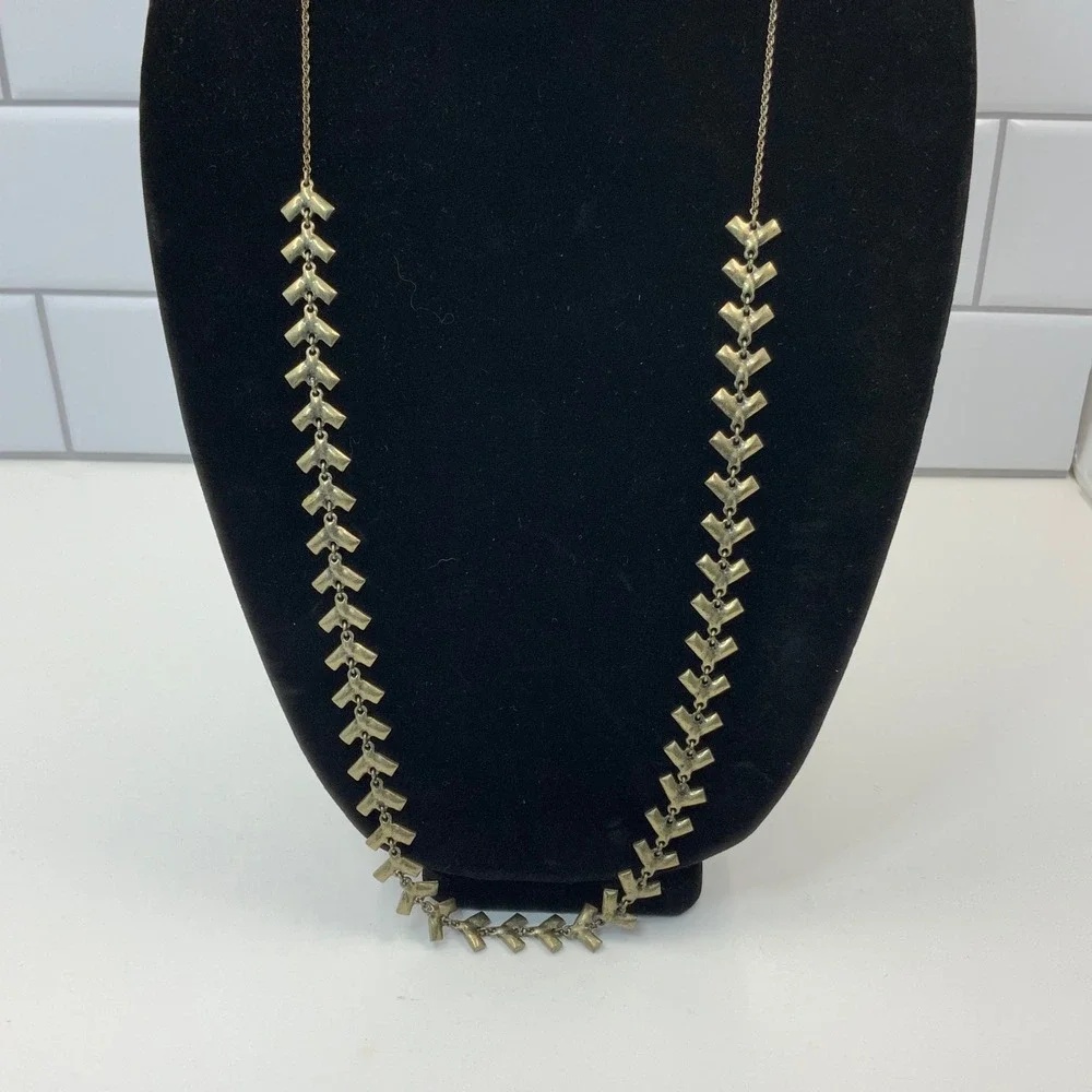LOFT Long Antiqued Gold Tone Clear Baguette Rhinestone Chevron Statement Necklac